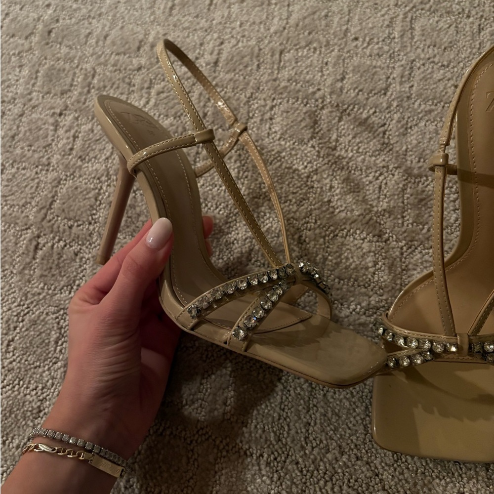 Zara Beige Strappy Heels with Rhinestones